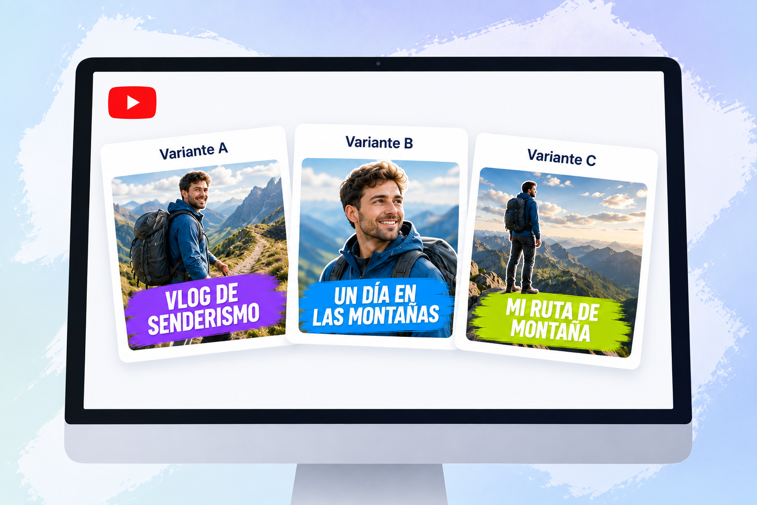 Pantalla con tres variantes de una miniatura sobre senderismo, identificadas como Variante A, Variante B y Variante C
