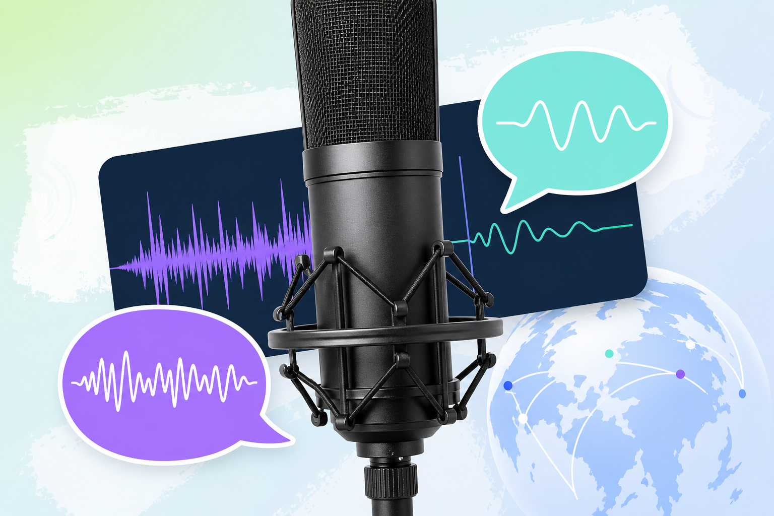 Großes Studiomikrofon mit Audiowellenformen und Sprechblasen als Symbol für Tonoptimierung und Sprachversionen