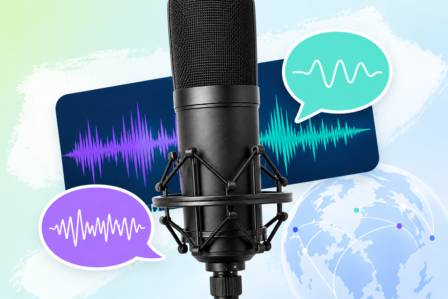 Gran micrófono de estudio frente a ondas de audio, dos burbujas de voz y un globo que simboliza las versiones en otros idiomas