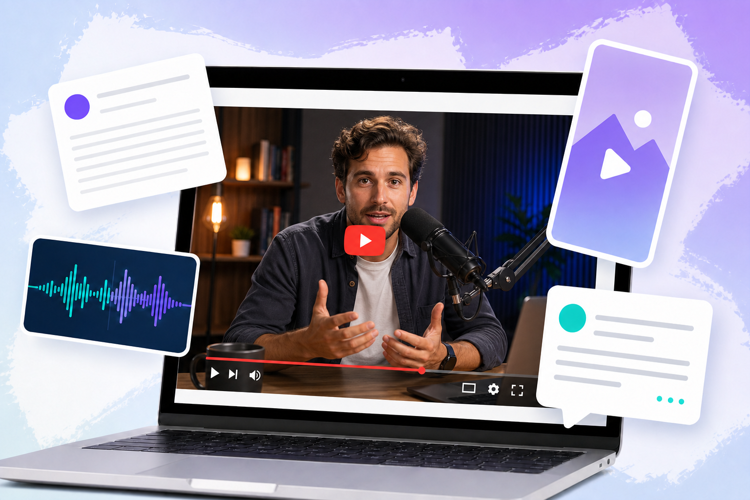 Laptop mit YouTube-Video, Skriptkarte, Audiowellenform, Short-Rahmen und Kommentarblase auf pastelligem Hintergrund