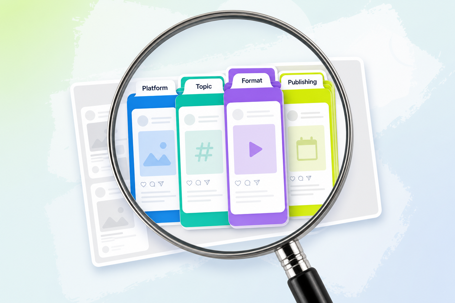 An oversized magnifying glass separates generic social media content into sections labeled Platform, Topic, Format and Publishing.