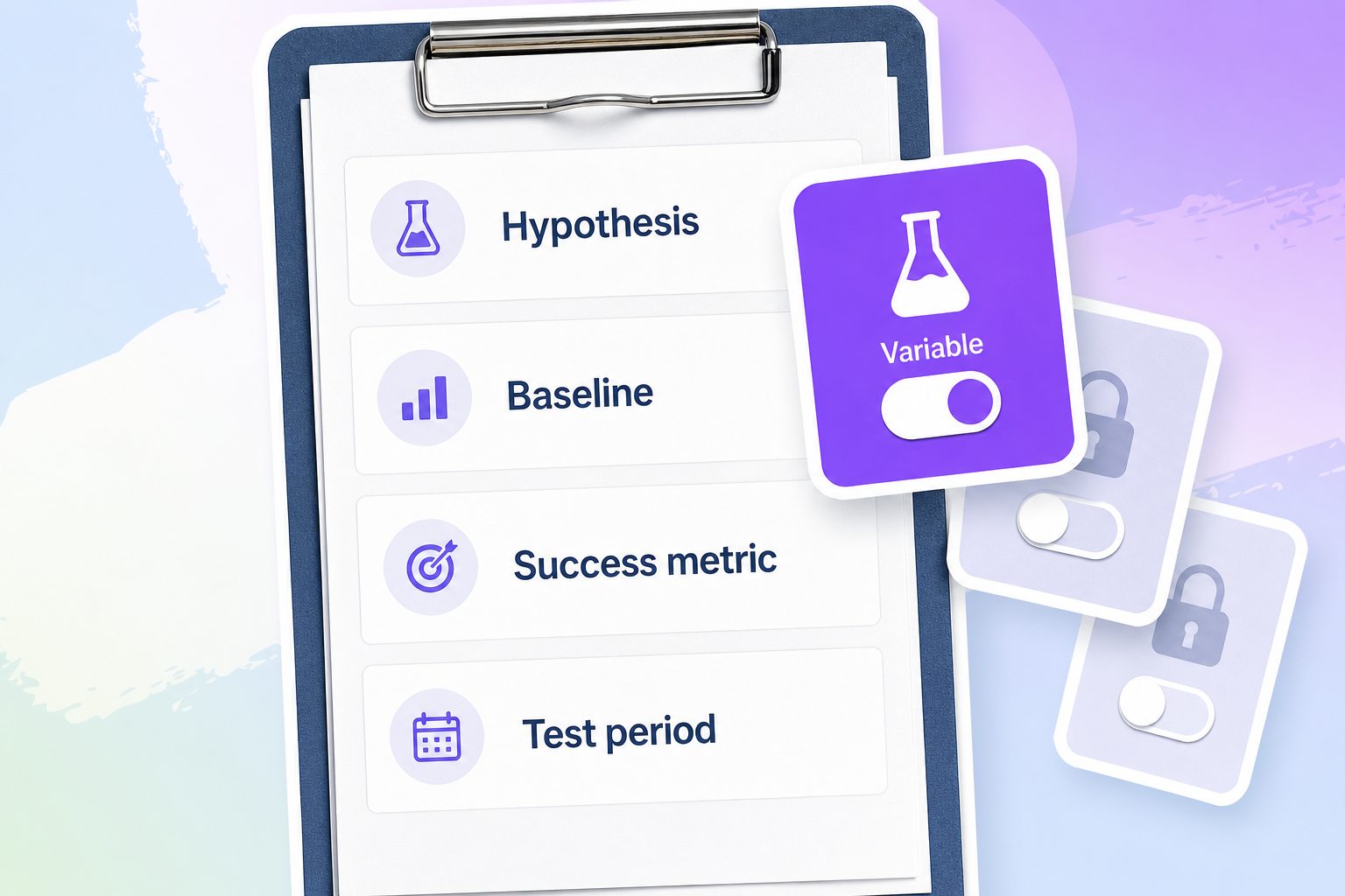 A central experiment sheet lists Hypothesis, Baseline, Success metric and Test period beside one active variable and two locked variables.