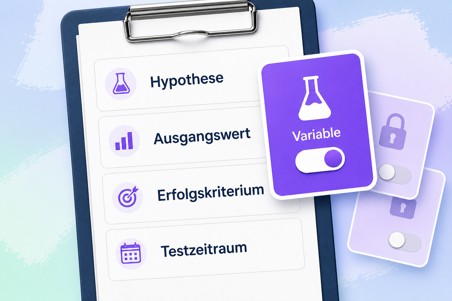 Ein Klemmbrett zeigt die vier Testbestandteile „Hypothese“, „Ausgangswert“, „Erfolgskriterium“ und „Testzeitraum“ neben einer aktivierten Karte mit der Aufschrift „Variable“.