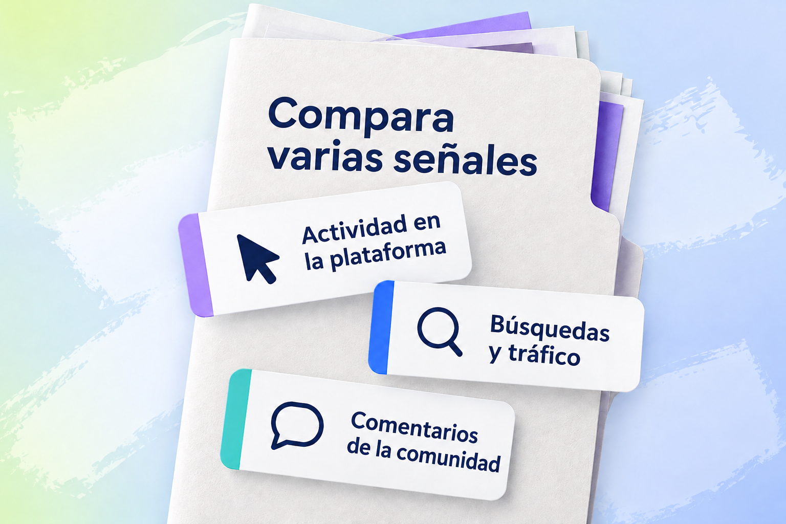Tres tarjetas con los textos «Actividad en la plataforma», «Búsquedas y tráfico» y «Comentarios de la comunidad» se superponen a una carpeta titulada «Compara varias señales».