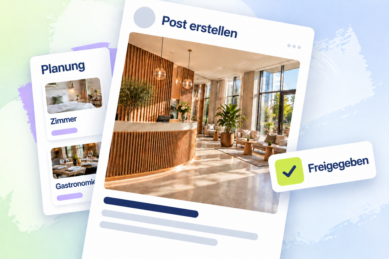 Collage mit einer Planungskarte für Zimmer und Gastronomie, einer großen Post-Vorschau mit Hotellobby und einer überlappenden Freigabekarte mit Häkchen.