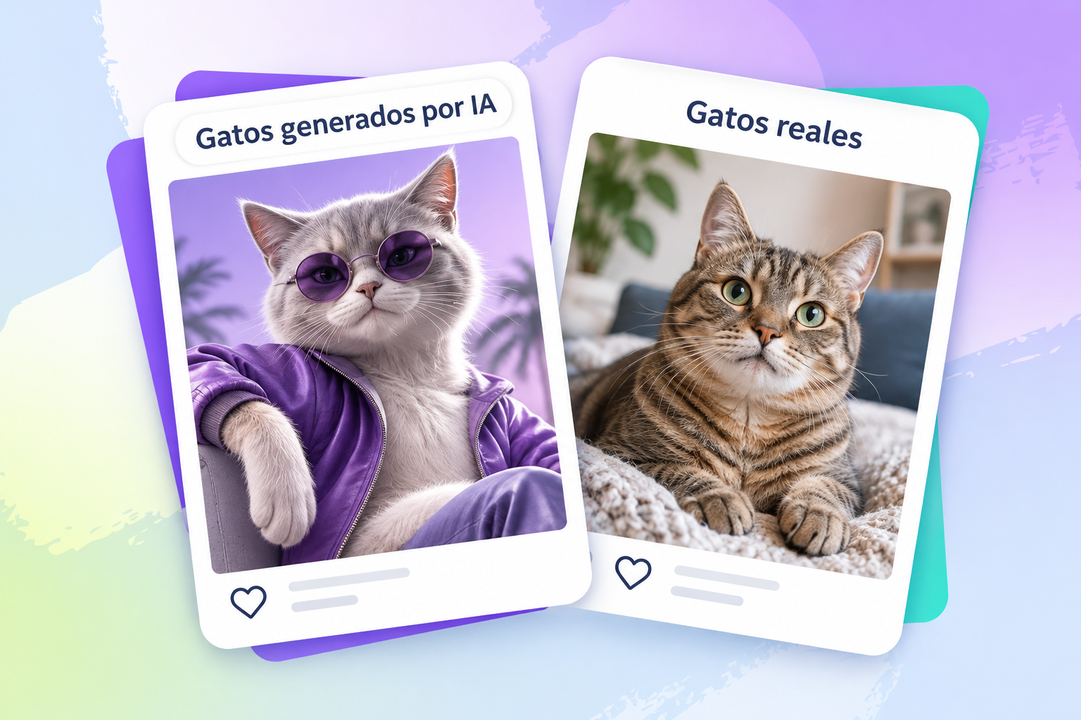 Collage de dos tarjetas de contenido: una con un personaje felino digital y otra con la fotografía de un gato real.