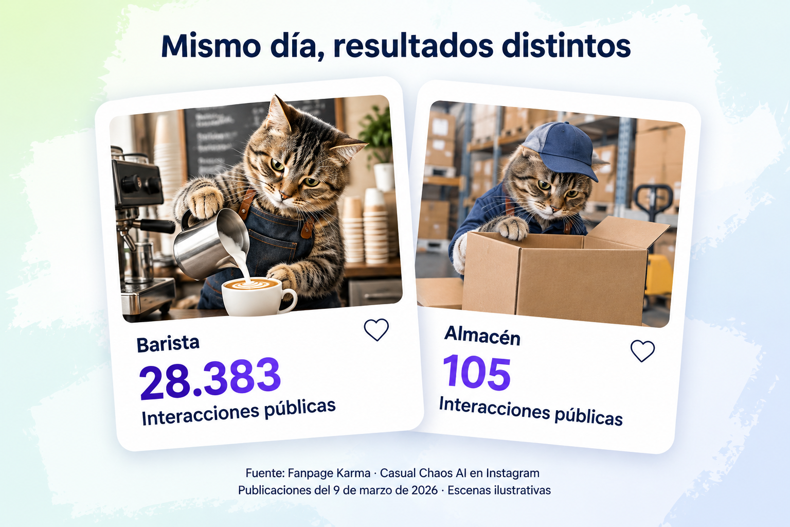 Dos tarjetas ilustrativas comparan un gato barista, con 28.383 interacciones públicas, y un gato en un almacén, con 105, para dos reels de Casual Chaos publicados el mismo día.