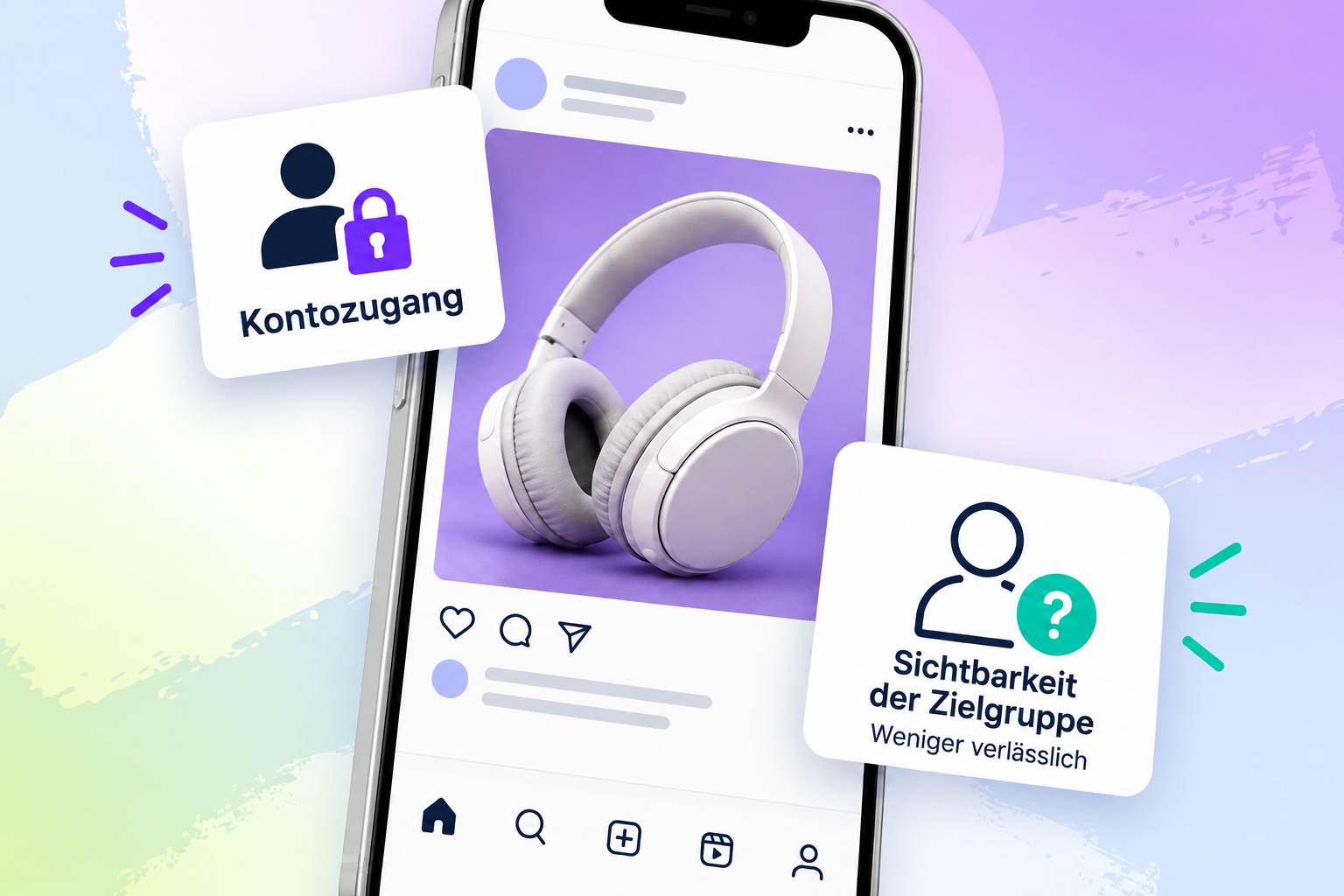Ein Smartphone mit einem Kopfhörer-Post zwischen zwei Karten: „Kontozugang“ mit Schloss und „Sichtbarkeit der Zielgruppe“ mit Fragezeichen und dem Zusatz „Weniger verlässlich“.