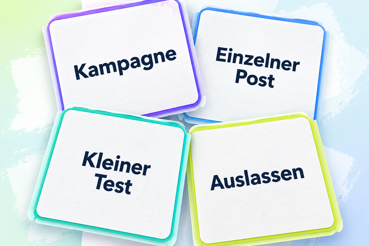 Vier große, leicht gedrehte Planungskarten mit den Beschriftungen Kampagne, Einzelner Post, Kleiner Test und Auslassen.