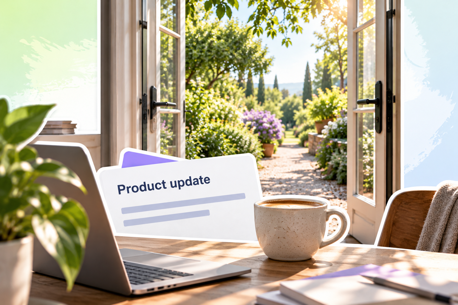 An open doorway reveals a leafy outdoor path, with a product update draft card and a coffee cup overlapping the foreground