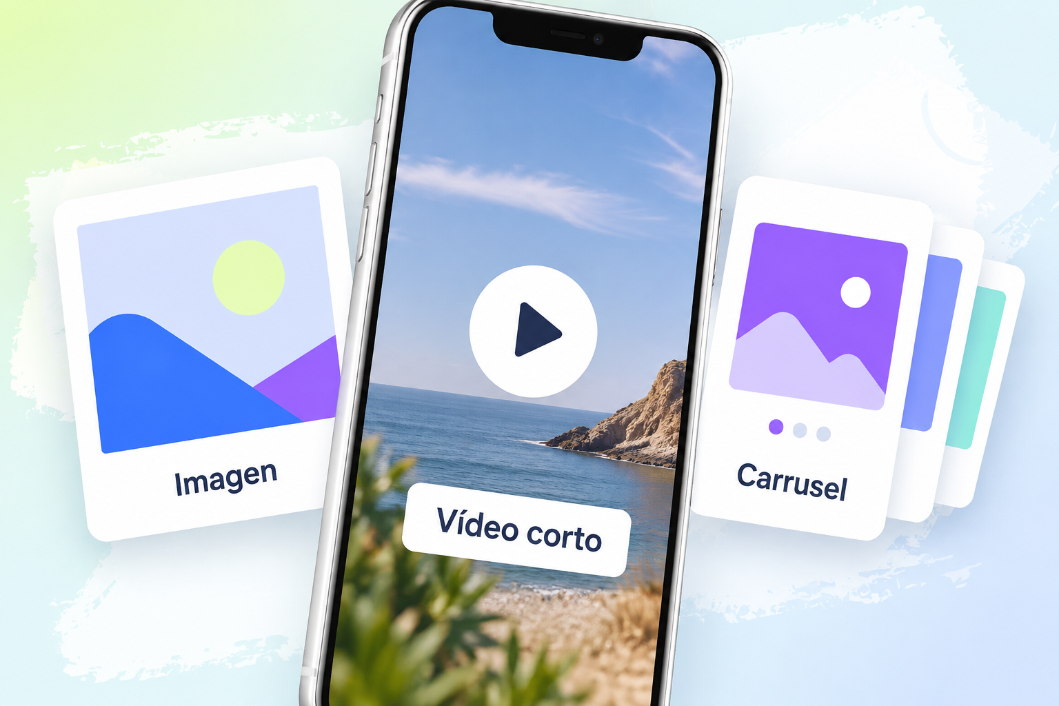 Un móvil con un símbolo de reproducción, junto a una tarjeta de imagen y varias tarjetas superpuestas que representan un carrusel