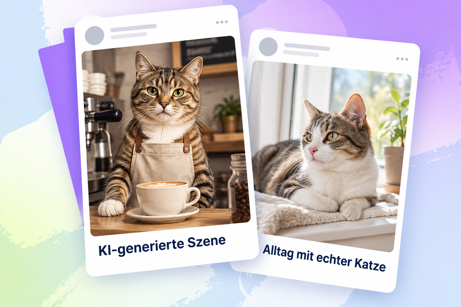 Zwei überlappende Post-Karten zeigen eine erfundene Katze als Barista und eine Katze in einer natürlichen Alltagsszene.