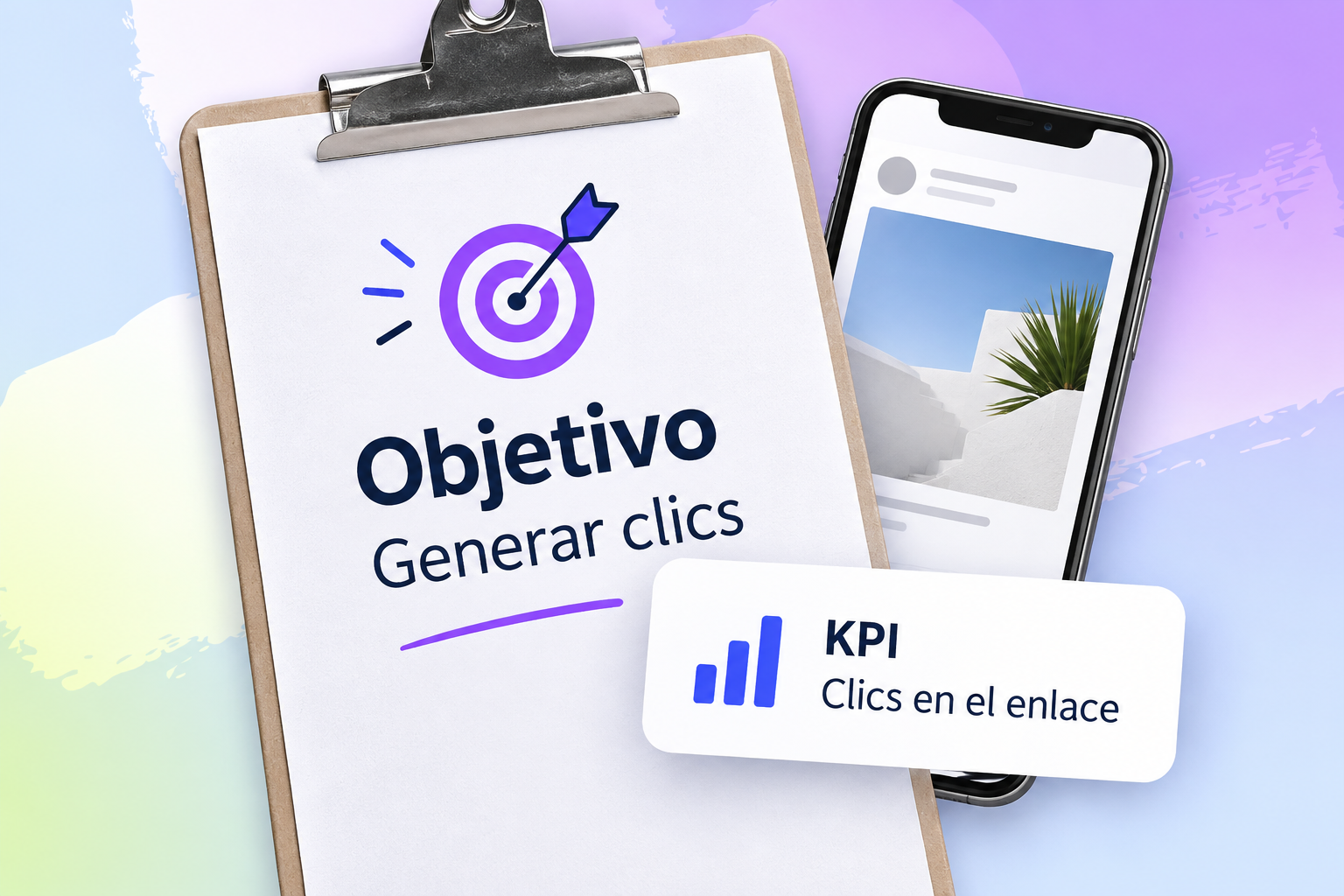 Un portapapeles con el objetivo de generar clics, una tarjeta con el KPI de clics en el enlace y una vista simplificada de una publicación en un móvil