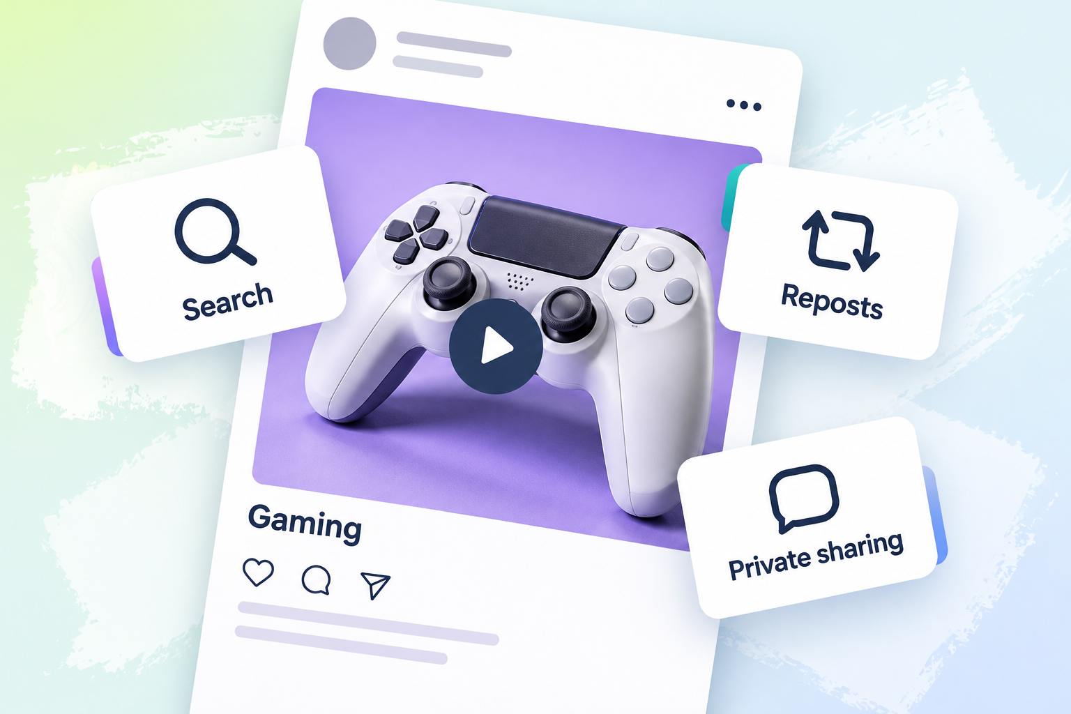 An oversized gaming post with a realistic controller overlaps three cards labelled Search, Reposts and Private sharing.
