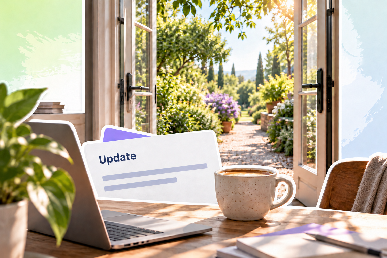 Offene Glastüren geben den Blick auf einen sonnigen Gartenweg frei. Auf dem Schreibtisch davor stehen ein Laptop, eine Karte mit der Aufschrift „Update“ und eine Kaffeetasse.