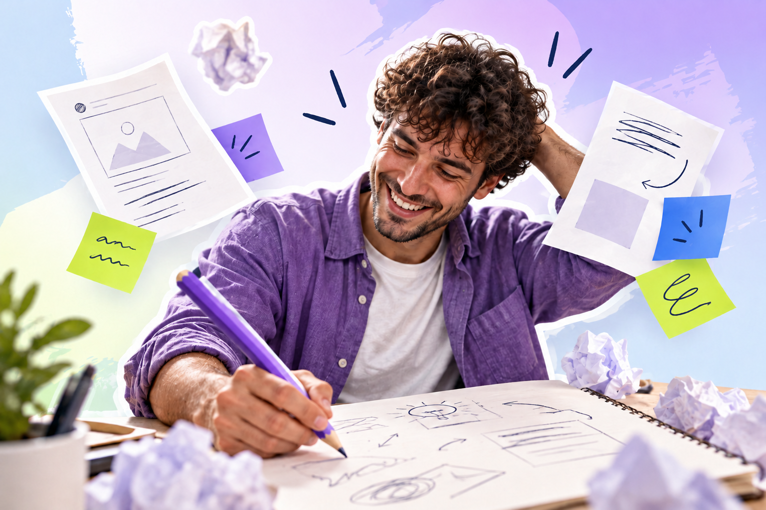 Ein lächelnder Mann im violetten Hemd zeichnet mit einem violetten Bleistift in ein großes Skizzenbuch. Um ihn herum liegen und schweben grobe Entwürfe, bunte Haftnotizen und zerknülltes Papier.