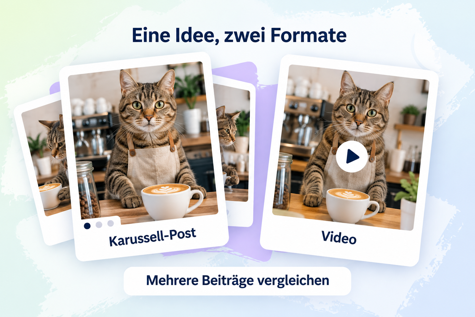 Eine symbolische Katzenszene an einer Kaffeetheke erscheint nebeneinander als Karussell-Post und als Video. Eine kurze Beschriftung erinnert daran, mehrere Beiträge zu vergleichen.