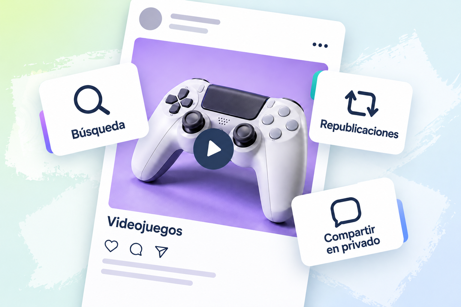 Un post de videojuegos con un mando blanco se superpone a tres tarjetas con los textos «Búsqueda», «Republicaciones» y «Compartir en privado».