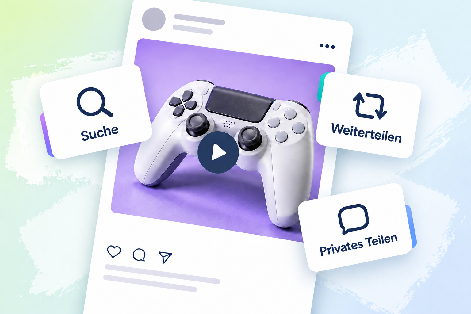 Ein großer Beitrag mit einem weißen Spielecontroller überlappt drei Karten mit den Beschriftungen „Suche“, „Weiterteilen“ und „Privates Teilen“.