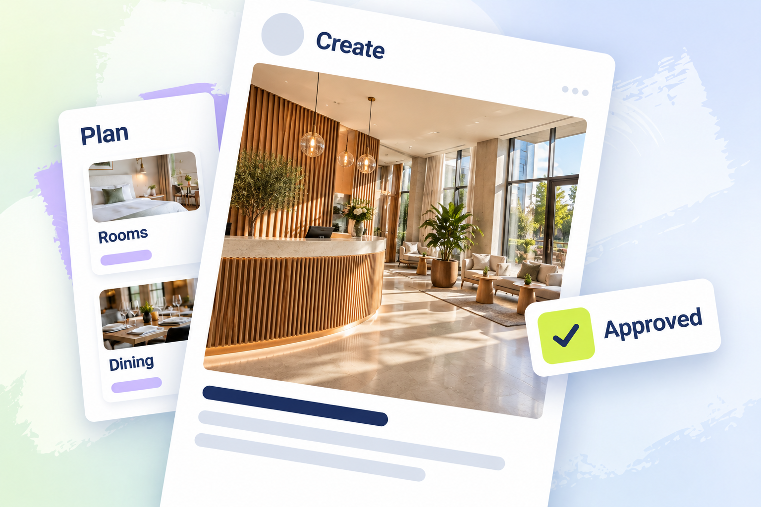 A hotel room post preview overlaps a content planning card and an approval card, illustrating a hospitality publishing workflow.