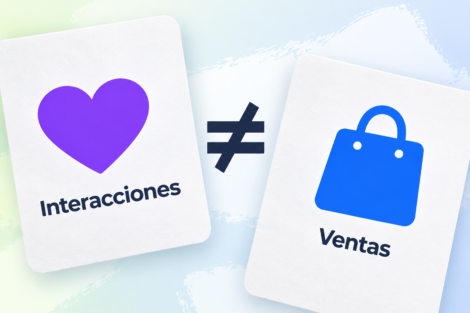 Dos grandes tarjetas blancas, una con un corazón y el texto Interacciones y otra con una bolsa de compras y el texto Ventas, separadas por el signo ≠