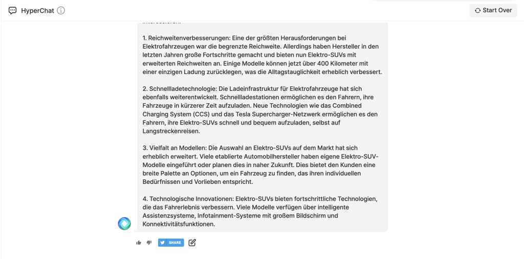 Teil 2 von Beispiel-Prompt "Fasse die neuesten Nachrichten zu Fortschritten bei Elektrofahrzeugen zusammen, die einen typischen Kunden von Elektro-SUVs mit großer Wahrscheinlichkeit interessieren." in HyperChat.
Prompt + Output von HyperChat