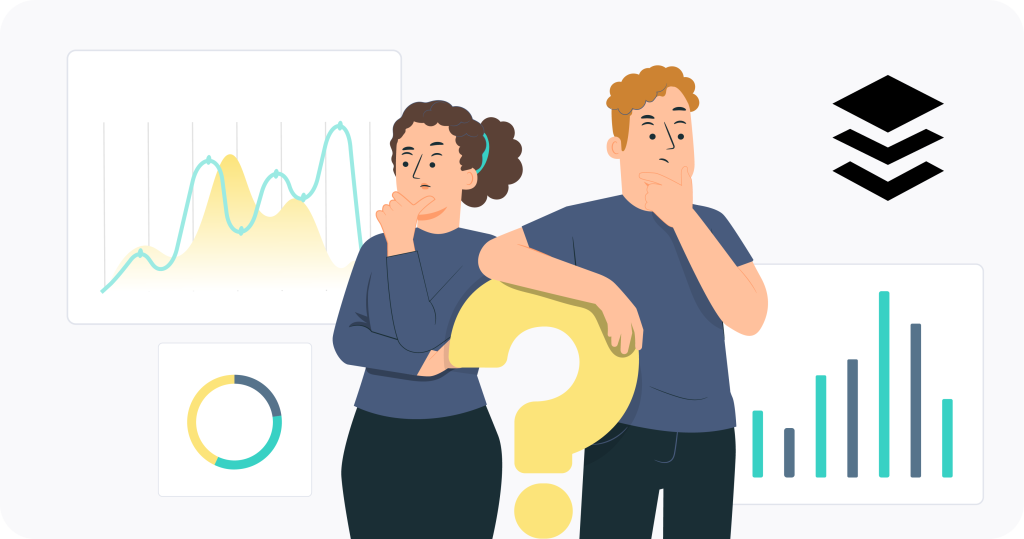 Dos personas considerando alternativas a Buffer mediante un signo de interrogación.